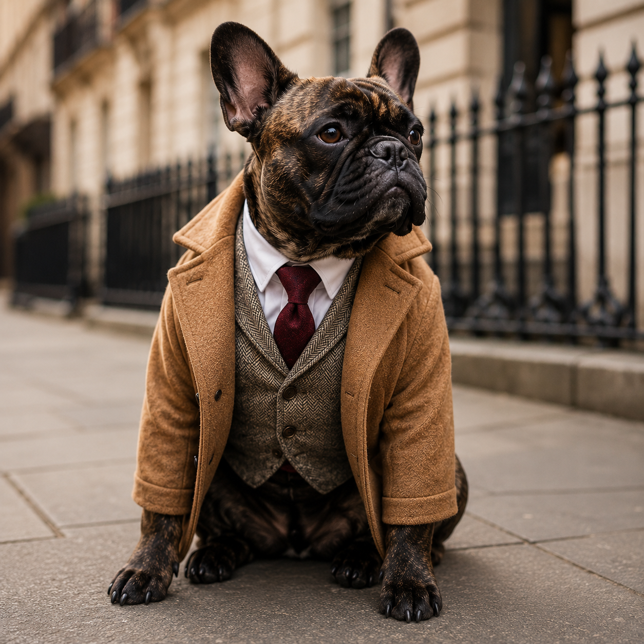 French Bulldog in luxury coat, waistcoat and tie