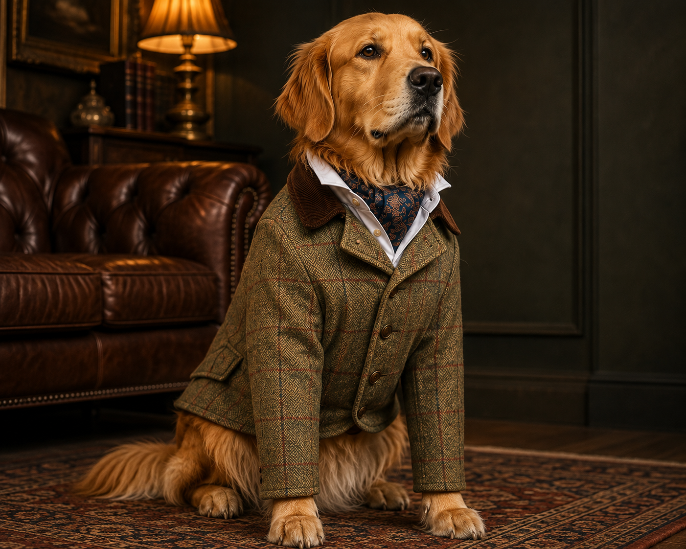 Golden Retriever wearing a tailored tweed jacket