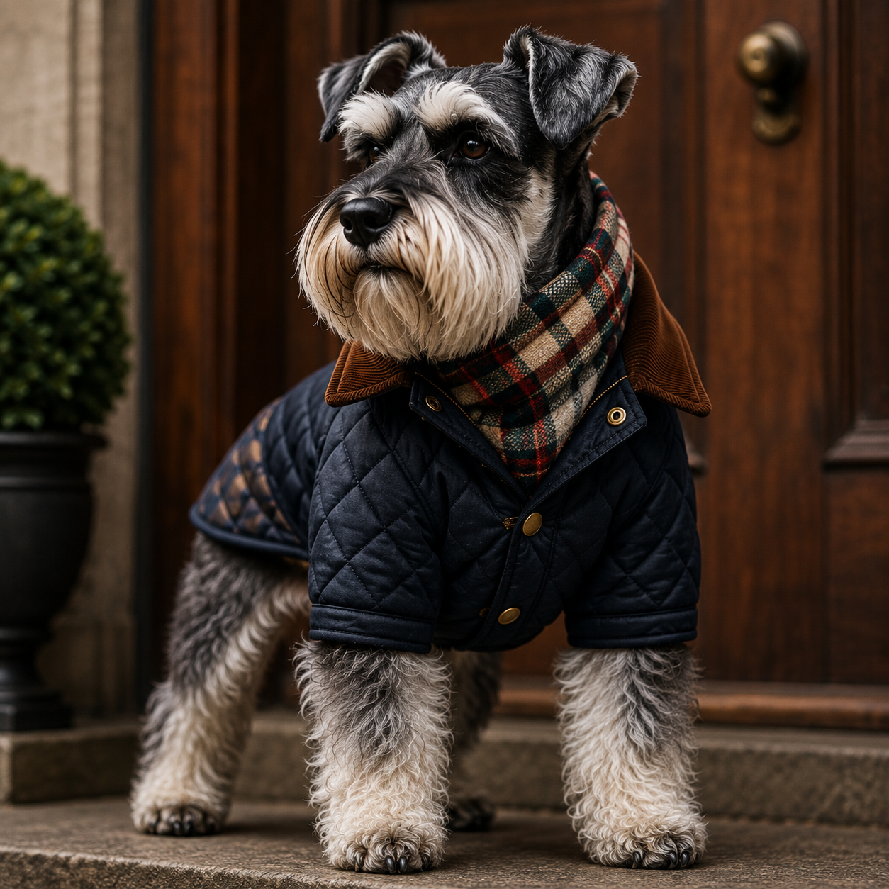 Schnauzer in quilted navy dog coat and tartan scarf